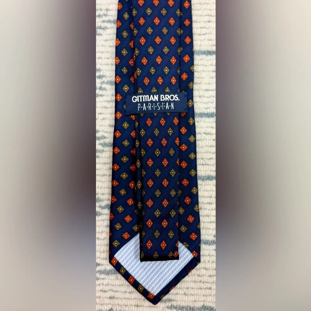 GITMAN BROS Parisian Formal Men’s Silk Tie Navy Blue Orange Medallion Hand Made